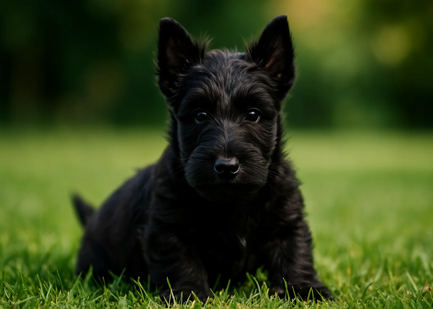 &Ccedil;imlerde oturduğu yerden kameraya bakan bir scottish terrier yavrusu