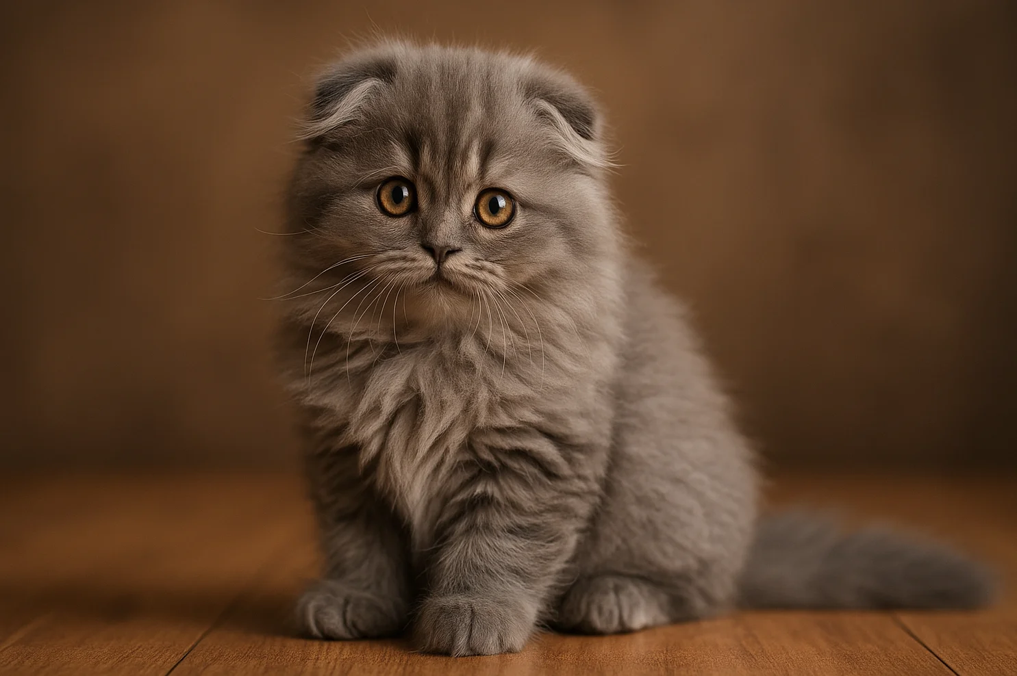 Oturduğu yerden kameraya bakan bir scottish fold longhair yavrusu