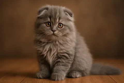 Oturduğu yerden kameraya bakan bir scottish fold longhair yavrusu