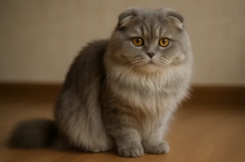 Oturduğu yerden kameraya bakan bir scottish fold longhair