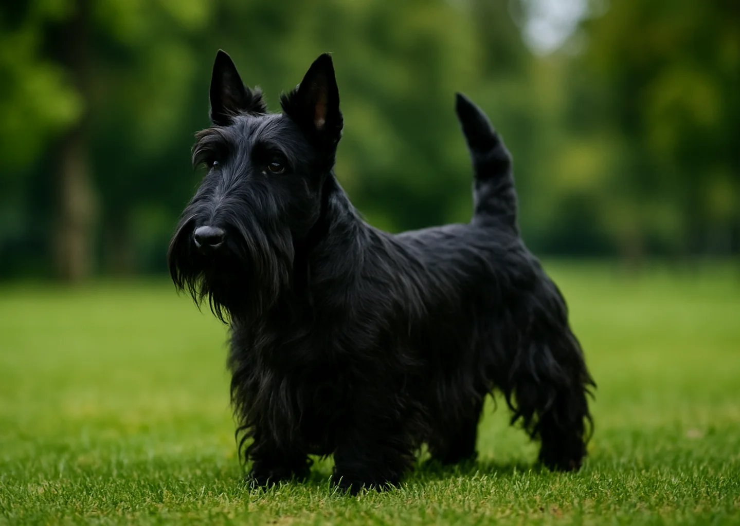 &Ccedil;imlerde ayakta duran ve sol tarafa bakan bir scottish terrier k&ouml;pek