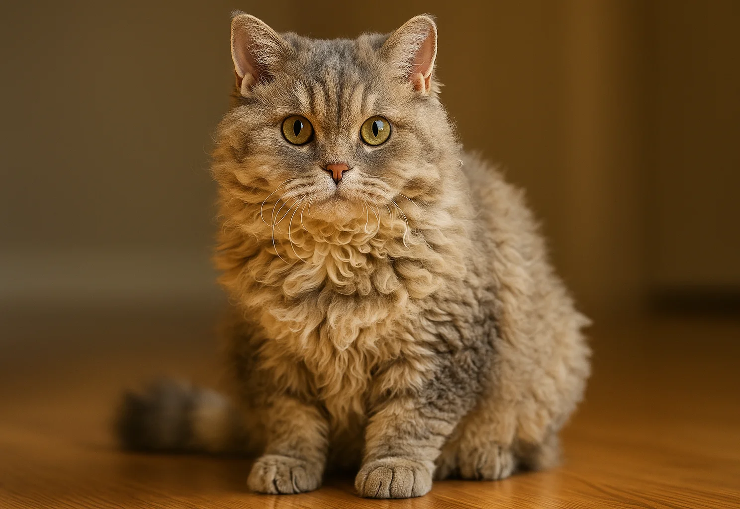 Oturduğu yerden kameraya bakan bir selkirk rex