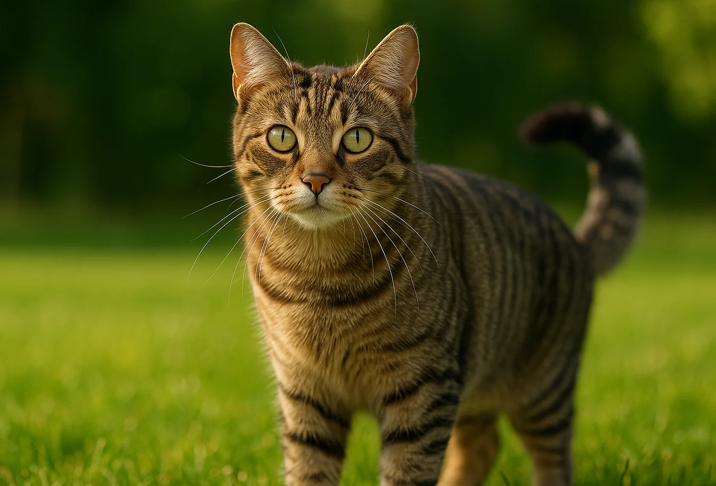 &Ccedil;imlerde ayakta kameraya bakan bir tekir kedi