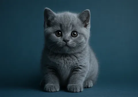 Oturduğu yerden kameraya bakan bir british shorthair yavrusu