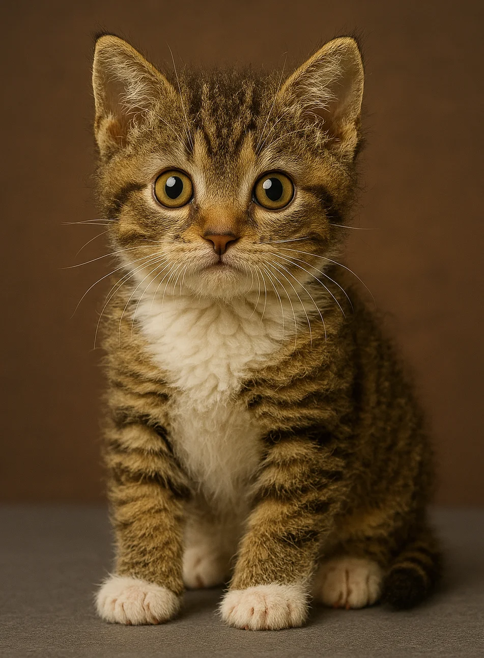 Oturduğu yerden kameraya bakan bir american wirehair yavrusu