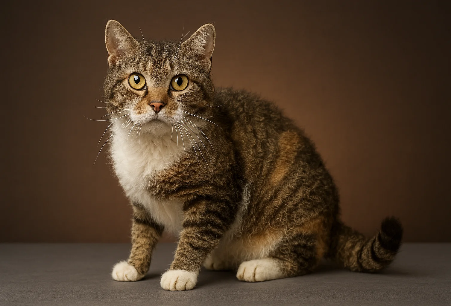 Oturduğu yerden kameraya bakan bir american wirehair