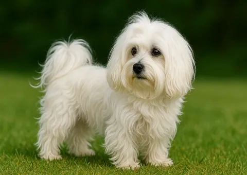 Ayakta sola bakan maltese terrier köpek