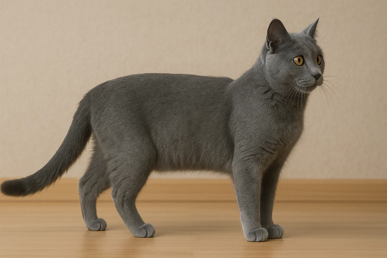 Ayakta duran ve sağ tarafa bakan bir chartreux kedi