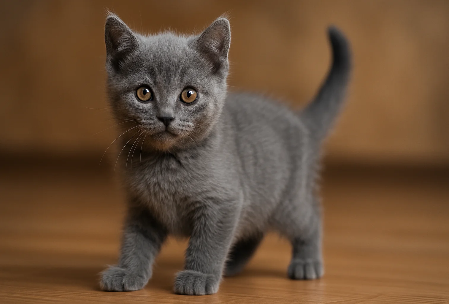 Ayakta duran ve kameraya bakan bir chartreux yavrusu