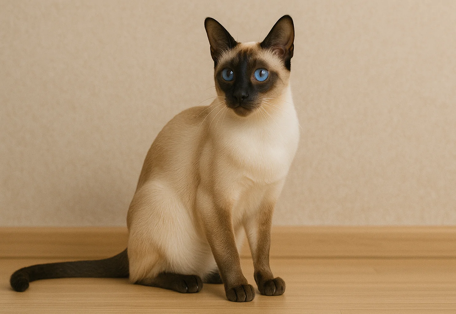 Oturduğu yerden kameraya bakan bir colorpoint shorthair kedisi 