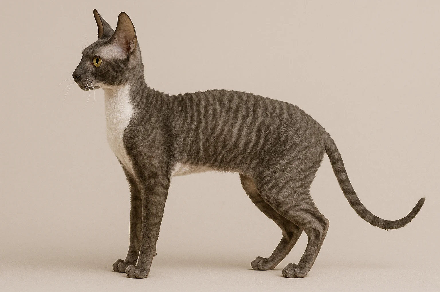 Ayakta sol tarafa bakan bir cornish rex