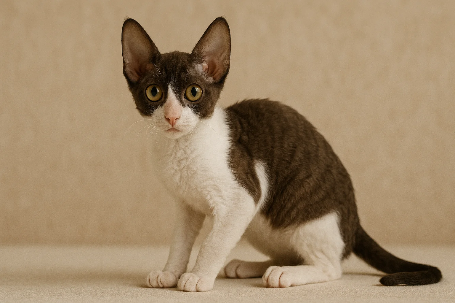 Oturduğu yerden kameraya bakan bir cornish rex yavrusu