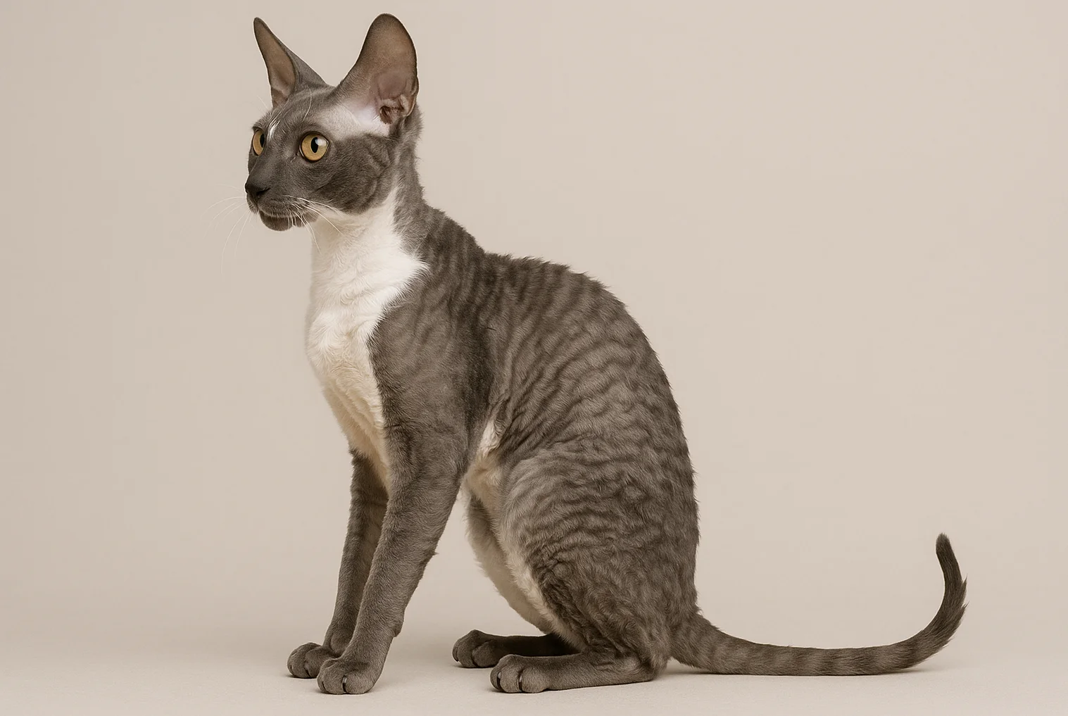 Oturduğu yerden sol tarafa bakan bir cornish rex kedisi