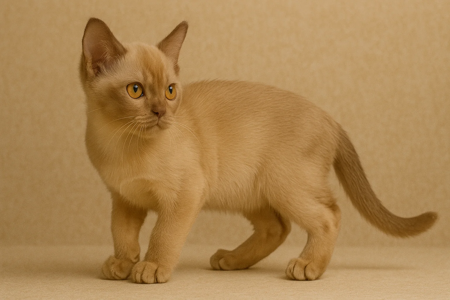 Ayakta duran ve sağ tarafa bakan bir european burmese yavrusu