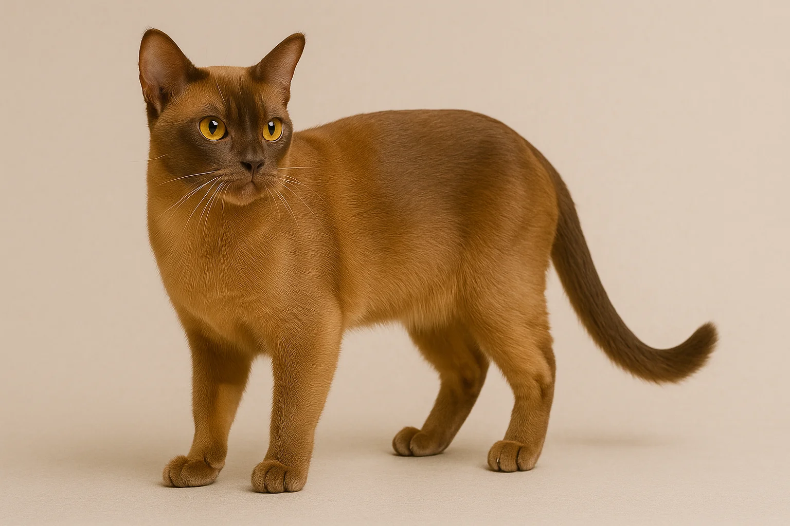 Ayakta duran ve sağ tarafa bakan bir european burmese 