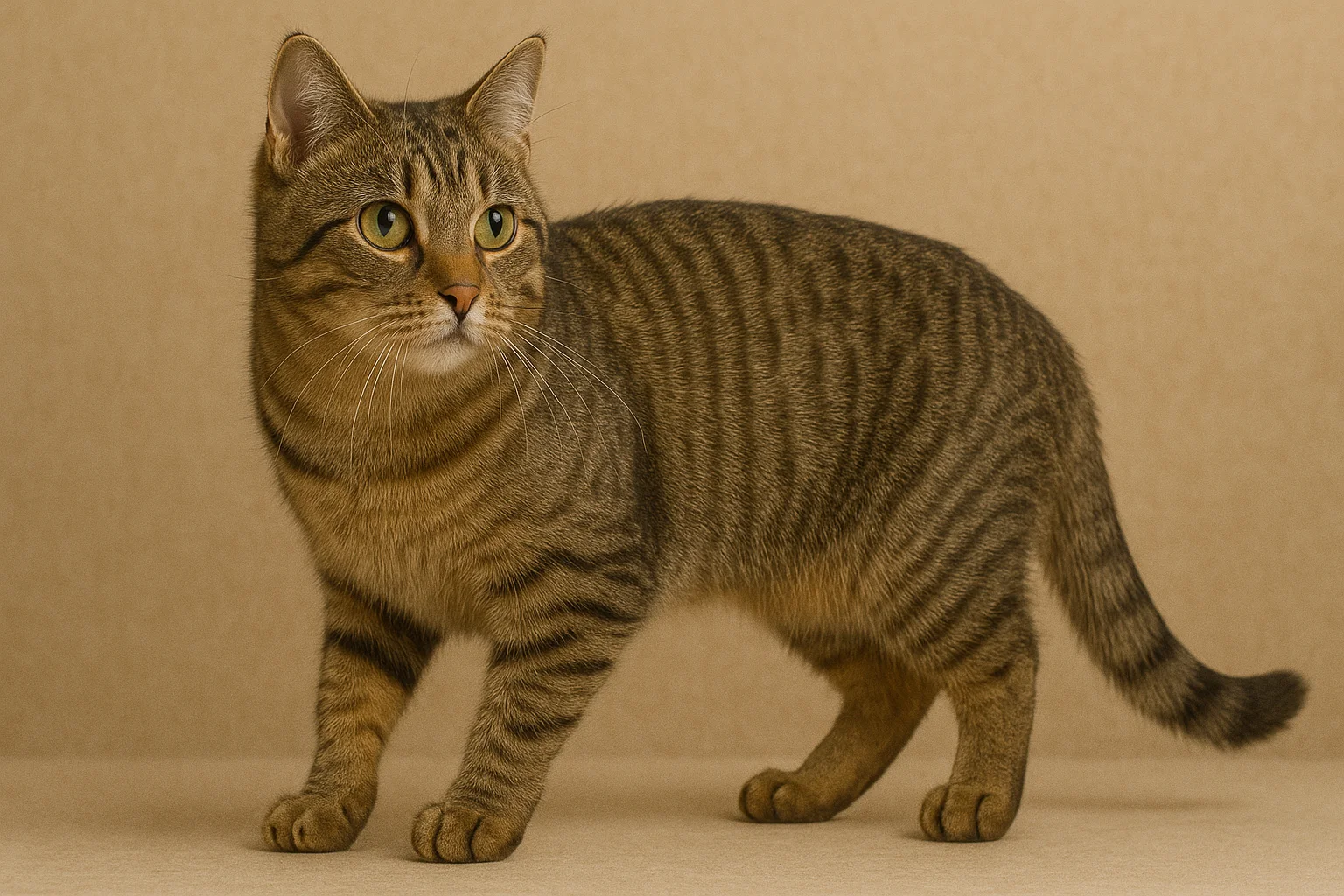 Ayakta duran ve sağ tarafa bakan bir european shorthair