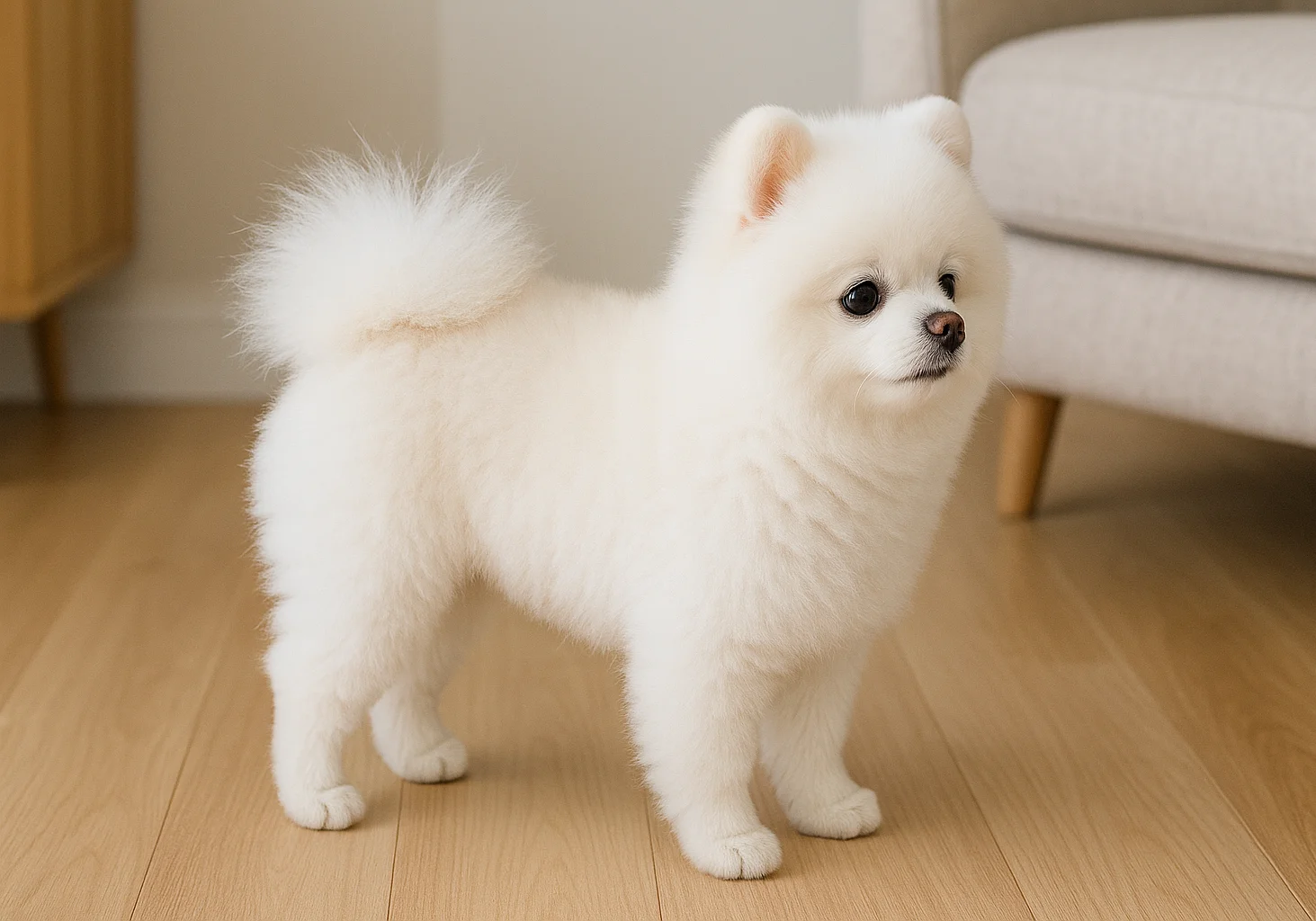 Ev ortamında beyaz pomeranian k&ouml;pek