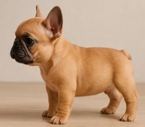 Ev ortamında ayakta sol tarafa bakan bir french bulldog yavrusu