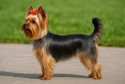 Uzun ipeksi tüylü bir Yorkshire Terrier köpeği