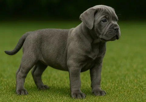 Çimlerde ayakta sağ tarafa bakan bir cane corso yavru