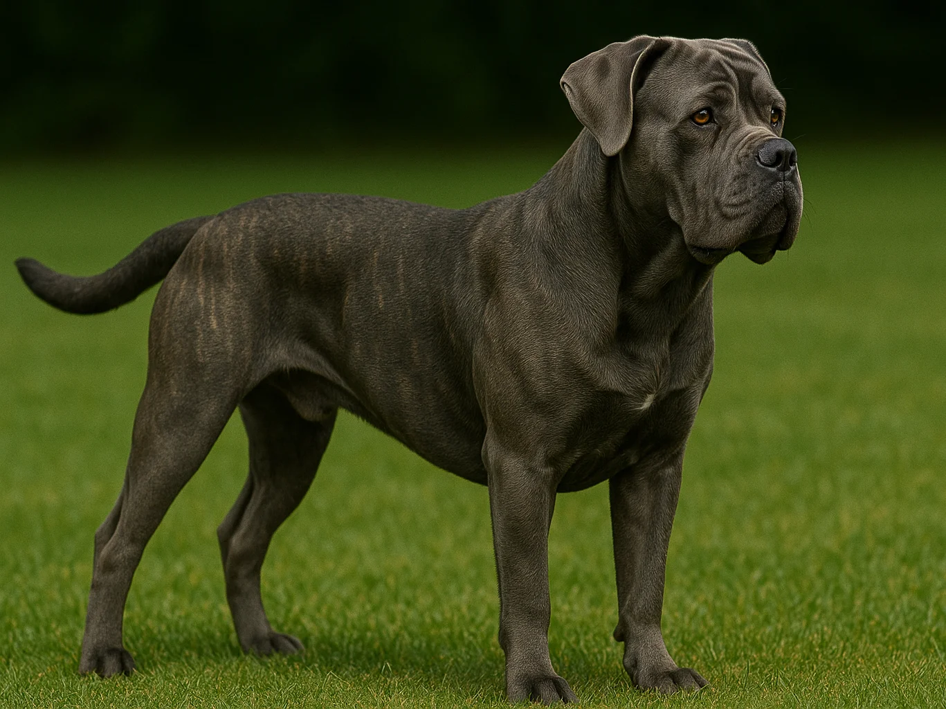 &Ccedil;imlerde ayakta sağ tarafa bakan bir cane corso k&ouml;pek
