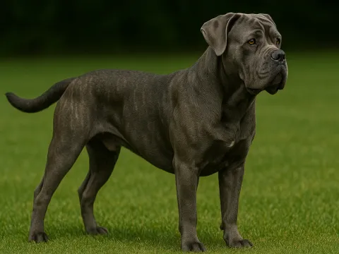 Çimlerde ayakta sağ tarafa bakan bir cane corso köpek