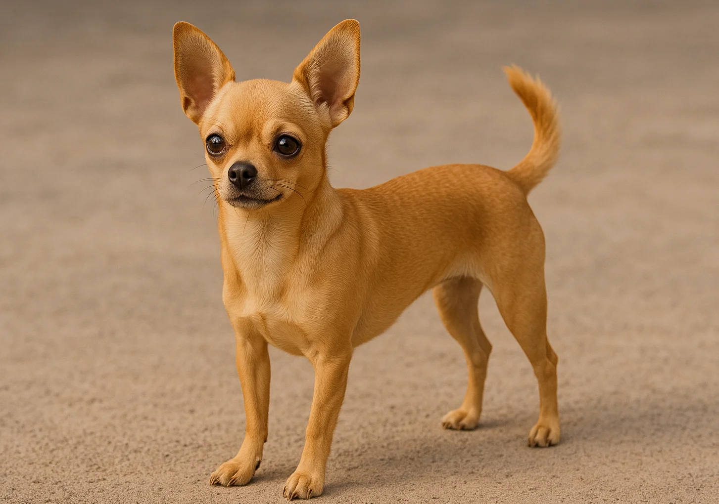 Ayakta sola doğru bakan bir chihuahua