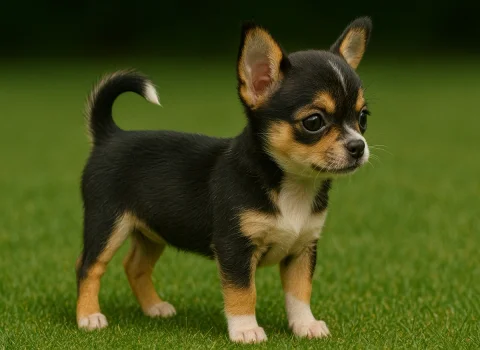 Çimlerin üzerinde ayakta duran bir chihuahua yavrusu