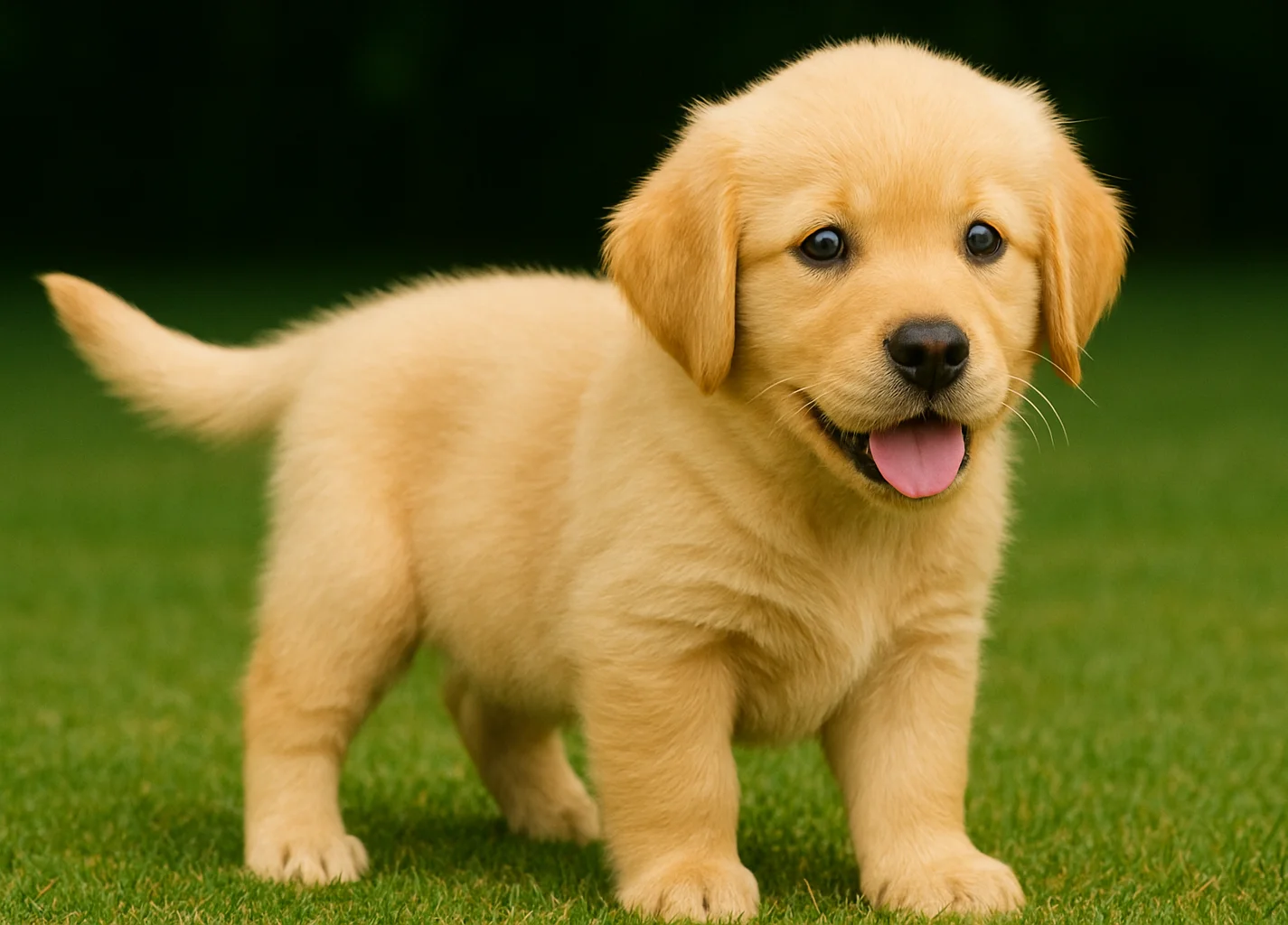 Ayakta dil &ccedil;ıkarmış bir golden retriever yavrusu