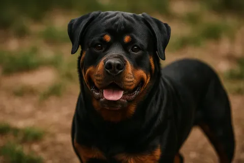 Ayakta kameraya bakan bir rottweiler k&ouml;pek
