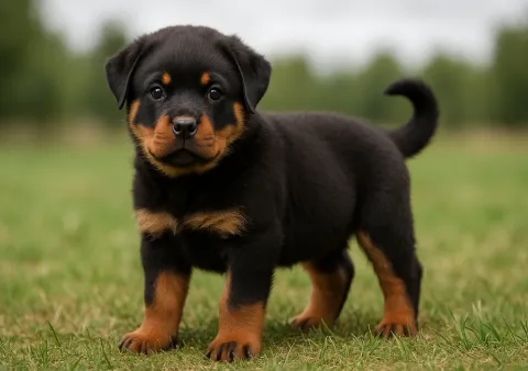 Ayakta kameraya bakan bir rottweiler yavrusu