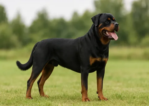 Ayakta sağa doğru bakan bir rottweiler