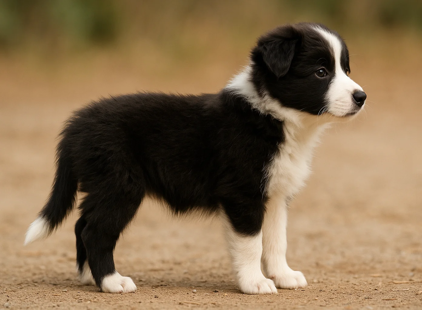 Ayakta sağ tarafa bakan bir border collie yavrusu