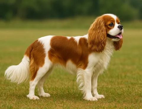 Çimlerde ayakta sağ tarafa bakan bir cavalier king charles