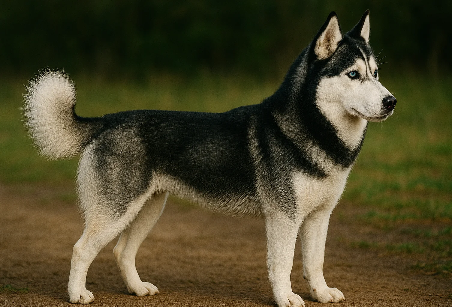 Ayakta yana doğru bakan sibirya kurdu (husky)
