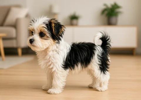 Zeminde oturan bir morkie köpek yavrusu