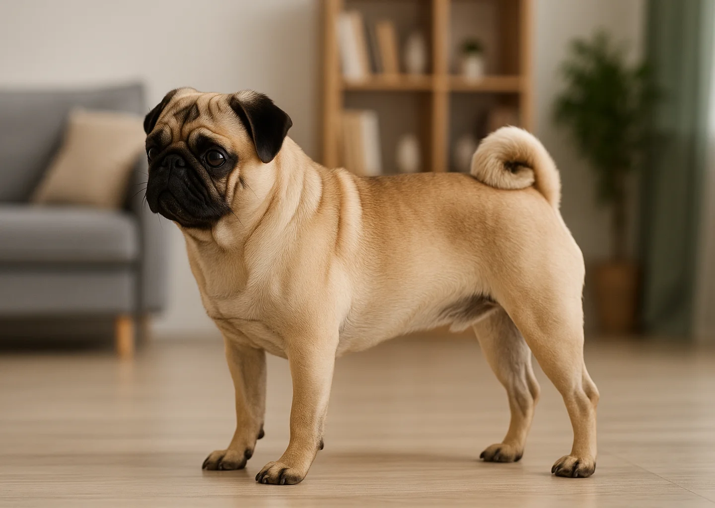 Ayakta sola bakan sevimli bir pug
