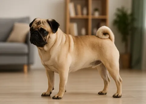 Ayakta sola bakan sevimli bir pug