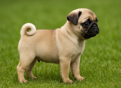 Ayakta sağa bakan bir pug yavrusu