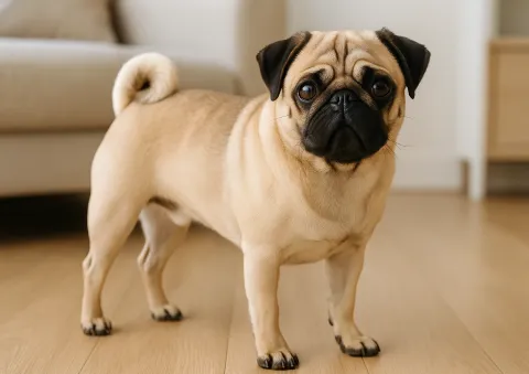Ev ortamında ayakta kameraya bakan bir pug köpek