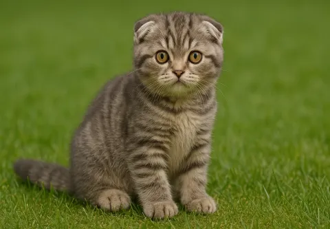 &Ccedil;imlerde oturduğu yerden kameraya bakan bir scottish fold kedi yavrusu
