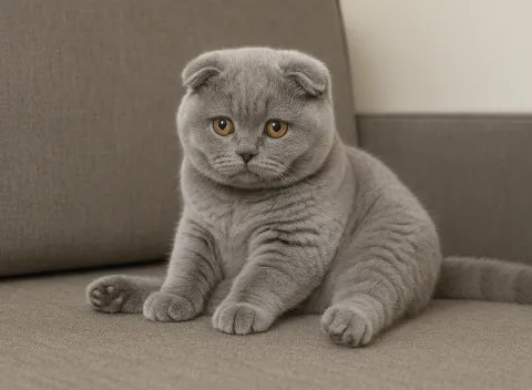 Ev ortamında oturduğu koltuğun &uuml;zerinden etrafa bakan bir scottish fold blue