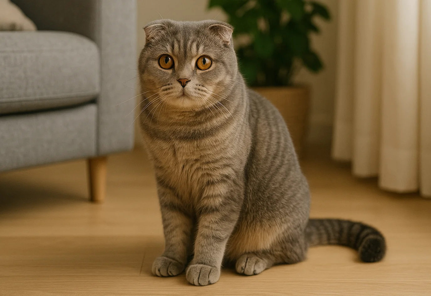 Ev ortamında oturduğu yerden kameraya bakan bir scottish fold kedi