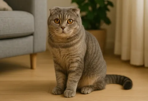 Ev ortamında oturduğu yerden kameraya bakan bir scottish fold kedi