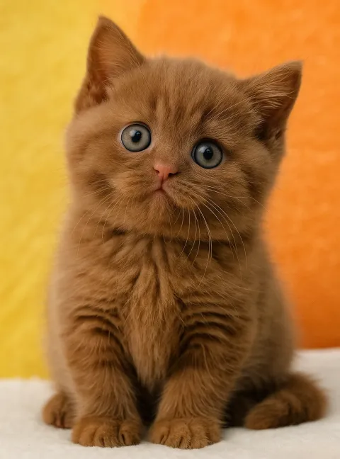 Oturduğu yerden kameraya bakan bir cinnamon british shorthair yavru