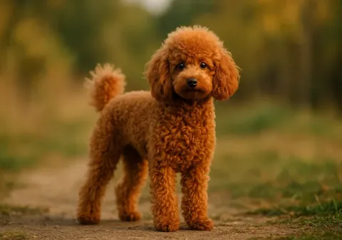 Ayakta kameraya bakan kahverengi bir toy poodle
