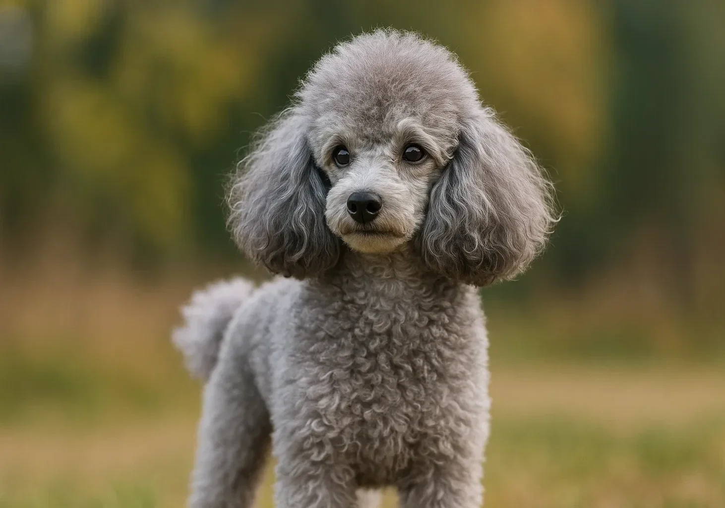 Ayakta kameraya bakan silver renk toy poodle k&ouml;pek 