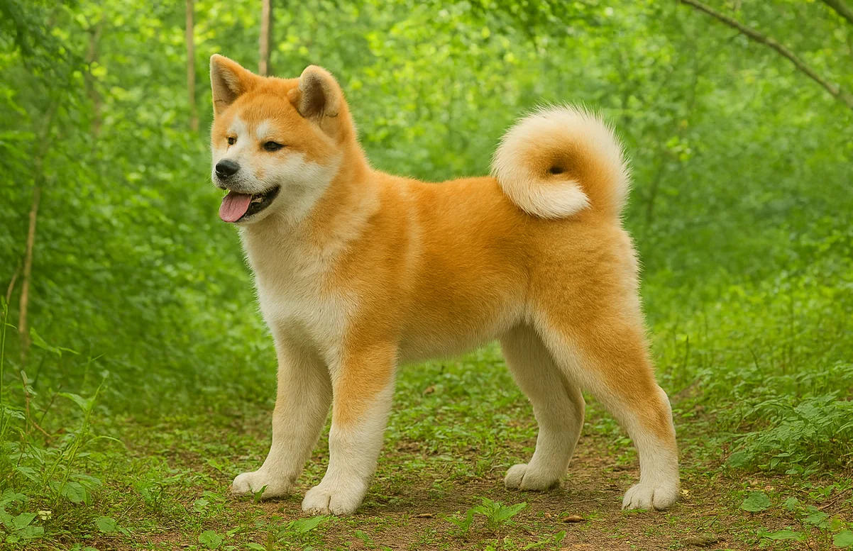 Doğada ayakta sola doğru bakan bir Akita İnu yavru k&ouml;pek