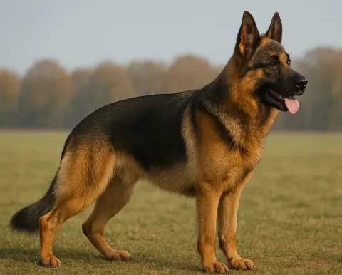 Çayırda ayakta sağ tarafa bakan alman kurdu köpek