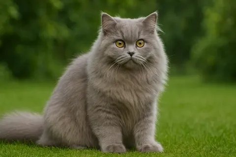 Çimlerde oturduğu yerden kameraya bakan bir british longhair